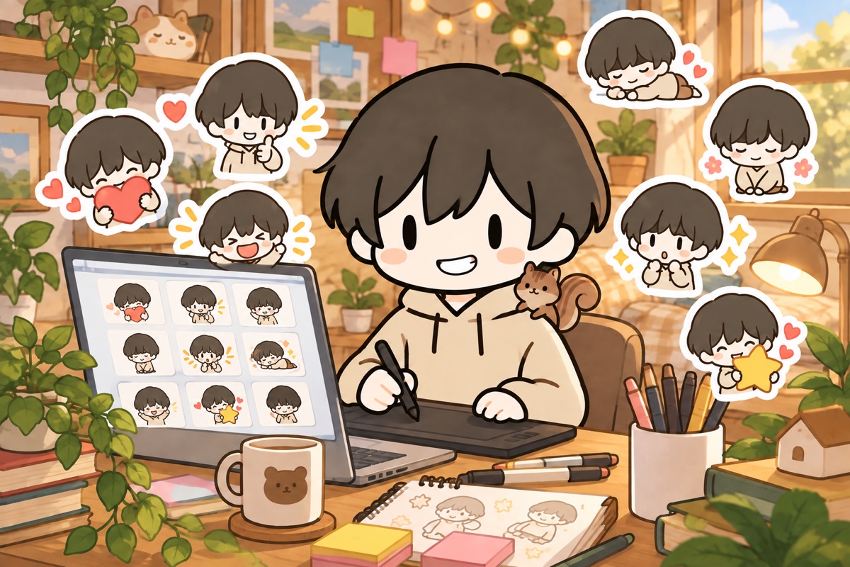 のりがパソコンとペンタブレットでLINEスタンプを作っているイラスト